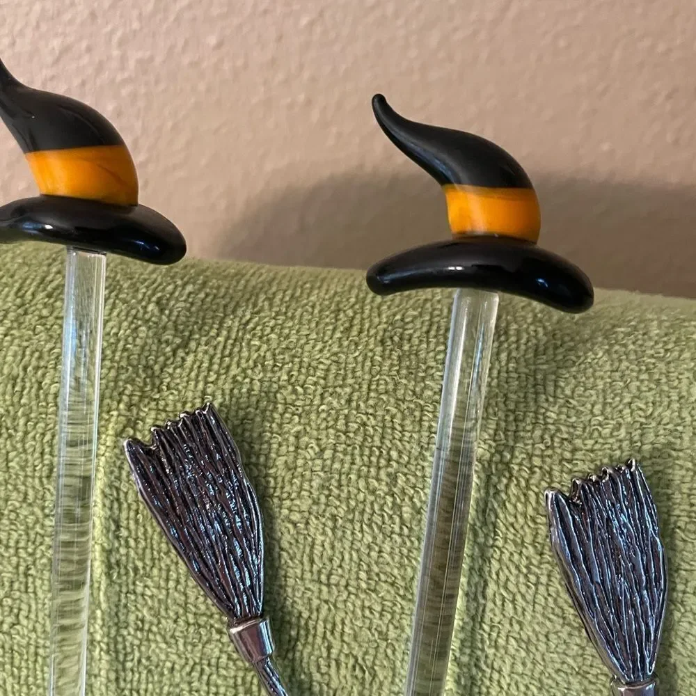 Blown Glass Witch Hat Stir Sticks Metal Broom Stir Sticks lot of 8!